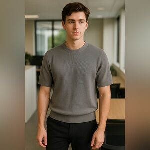 The Commons Men’s XL Short Sleeve Knit Sweater Gray 100% Cotton Ribbed Crewneck